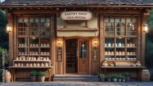 Wooden storefront of a vintage bakery with pastries and decorative exterior