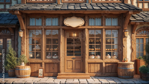 Wooden storefront of a vintage bakery with pastries and decorative exterior