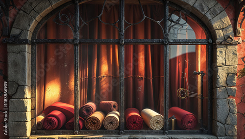 Victorian atelier window with fabric rolls, street view