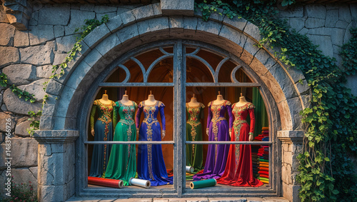 Vintage atelier storefront with elegant women's dresses in blue, green, purple, and red antique styles