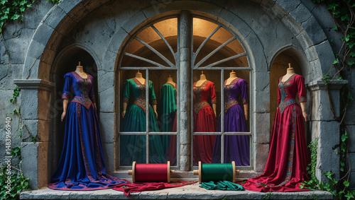 Vintage atelier storefront with elegant women's dresses in blue, green, purple, and red antique styles