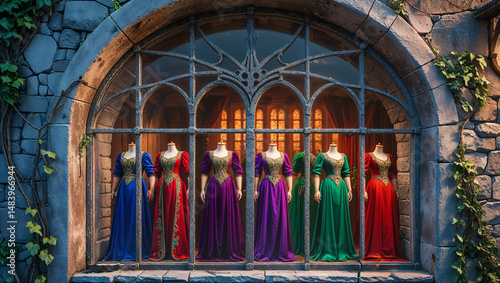 Vintage atelier storefront with elegant women's dresses in blue, green, purple, and red antique styles