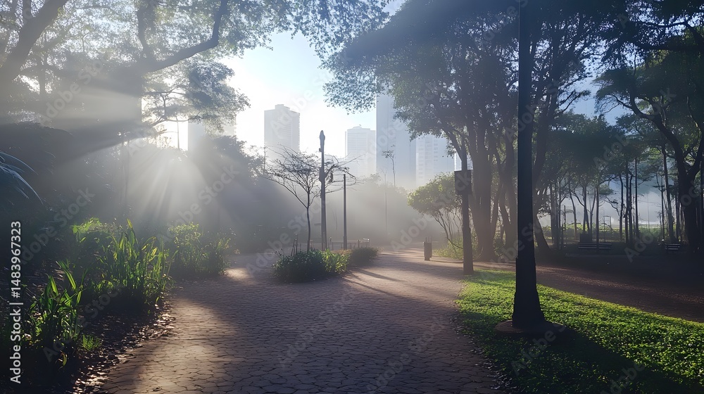 Obraz premium Misty Morning Park Path Sun Rays Cityscape