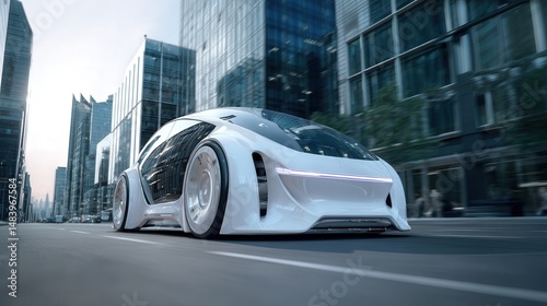 Futuristic white car driving through a modern cityscape.