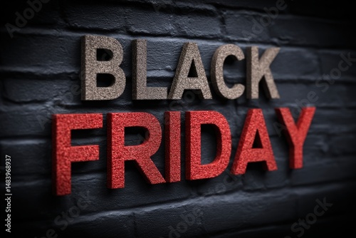 Black Friday sale sign on brick wall.