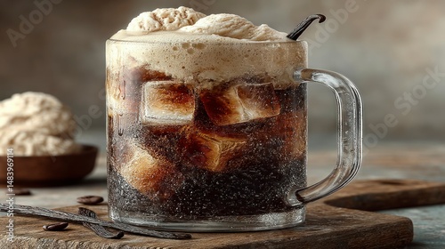 Refreshing Iced Coffee with Vanilla Ice Cream and Frothy Top in a Glass Mug on a Wooden Board