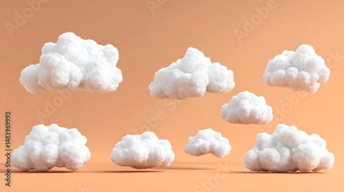 Fluffy White Clouds Orange Background Minimalist 3D Render