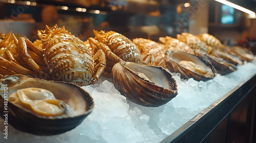 Mariscos, Shellfish assorted shellfish on ice bed, vibrant seafood market feel
