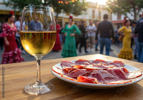 Fototapeta Naklejka Na Ścianę i Meble -  Authentic Jamon Iberico de Jabugo in glass and plate filled with chilled manzanilla fino at the Seville April Fair.