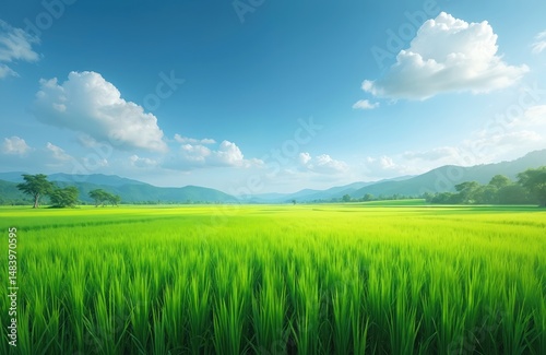 Vibrant green rice field under bright blue sky with fluffy white clouds. Rolling hills at background. Rural landscape, farmland, nature photo, agriculture, food production, eco farming, paddy field.