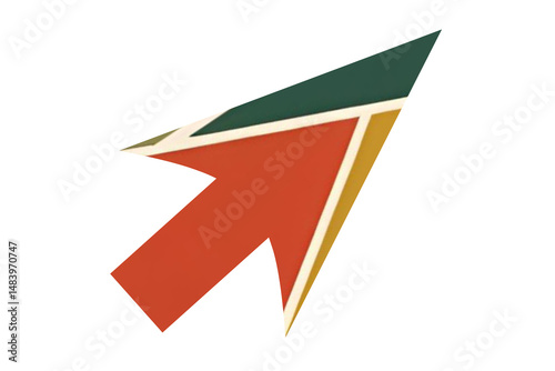 Colorful arrow icon with red, green, and yellow retro colors geometric segments on a transparent background, perfect for business presentations, infographics, and UI/UX design elements.