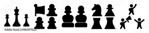 Chess pieces and protest symbols in black silhouette, on a white background