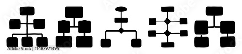 Collection of simple diagram shapes, illustrating various hierarchical structures, black on white