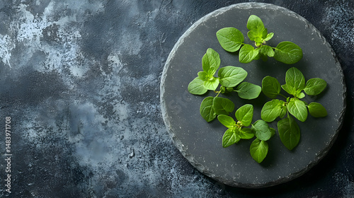Mejorana, Marjoram tiny marjoram leaves on stone plate, muted grey background