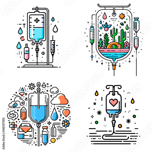 Intravenous drip bags with colorful illustrations and creative designs  
