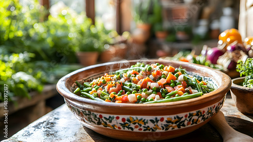 Menestra de Verduras, Mixed Vegetable Stew, with tender green beans, carrots, and peas, arranged in a traditional Spanish bowl