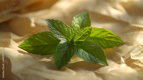 Menta, Mint fresh mint sprigs on handmade paper, light textured background