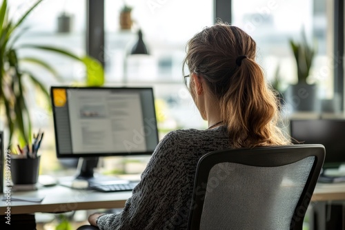 Woman with ponytail sitting at desk working on computer in bright office environment with plants