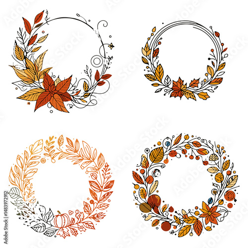 Hand-drawn autumn leaf wreaths in various styles and colors  