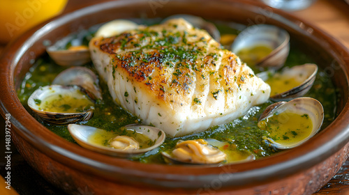 Merluza a la Vasca, Basque-style Hake hake with green sauce and clams, rustic Basque style table