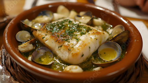 Merluza a la Vasca, Basque-style Hake hake with green sauce and clams, rustic Basque style table