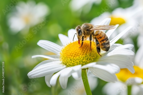Wallpaper Mural 
Close-up of a bee collecting nectar from a daisy, focusing on the bright white petals and golden-yellow center Torontodigital.ca