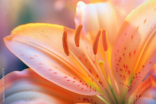 Close-up of a lily bloom illuminated by sunlight, focusing on the graceful curves, vibrant colors, and intricate details of the petals