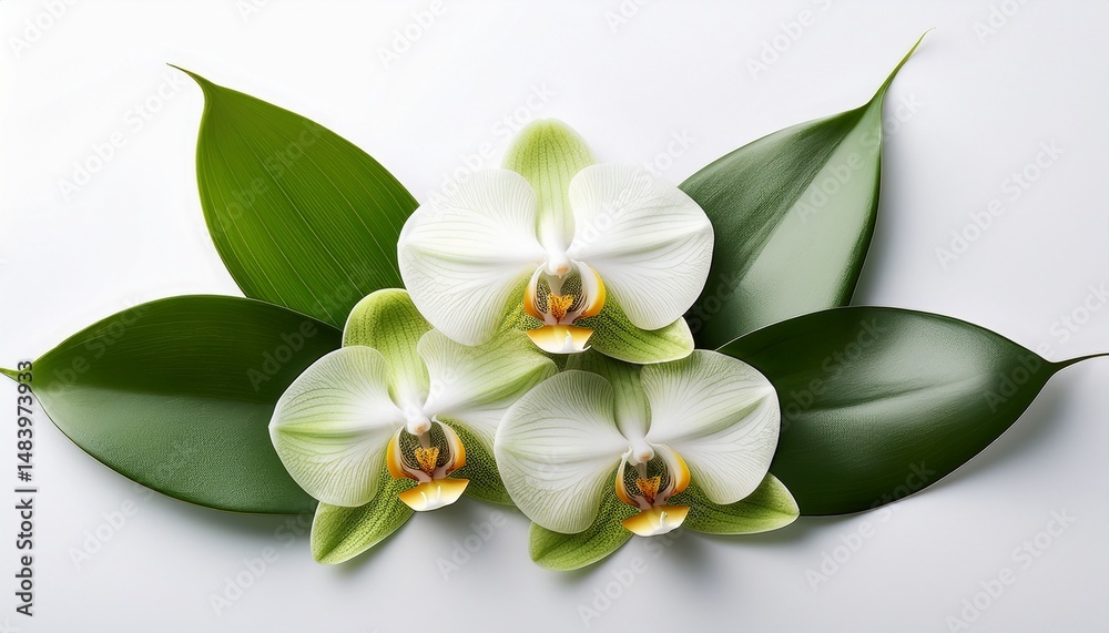 Obraz premium orchid flowers and green leaves on white background