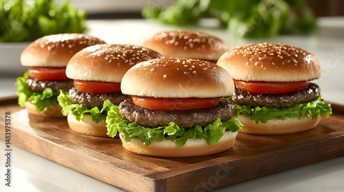 Mini Hamburguesas, Mini Burgers with juicy beef patties, lettuce, and tomato, placed on a wooden tray with a soft-focus blurred kitchen background and natural sunlight spilling over the scene