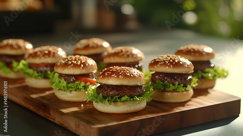 Mini Hamburguesas, Mini Burgers with juicy beef patties, lettuce, and tomato, placed on a wooden tray with a soft-focus blurred kitchen background and natural sunlight spilling over the scene
