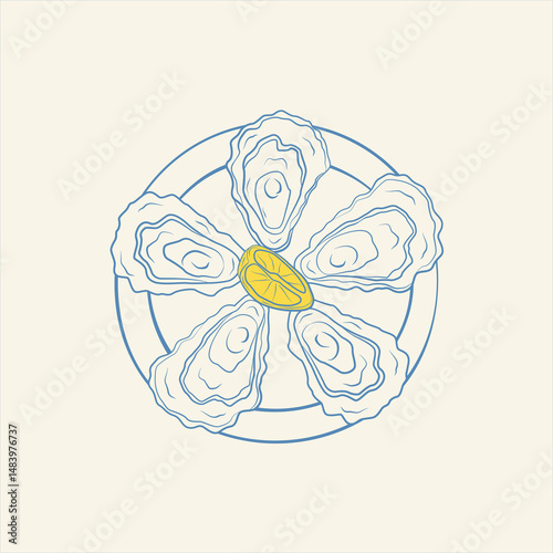 Vector hand-drawn oyster plate. Monochrome blue ink. Food illustration.