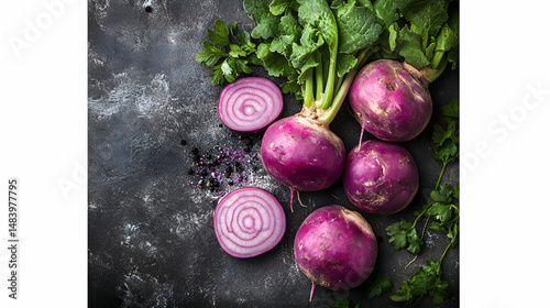 Nabo, Turnip fresh turnips with leafy tops, neutral background