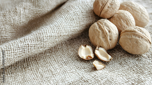 Nueces, Walnuts cracked open with shells and kernels on rough burlap fabric, warm natural tones