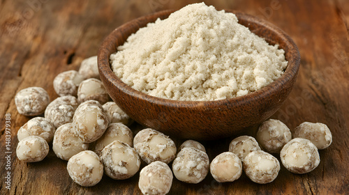 Nuez Moscada, Nutmeg whole nutmegs and grated powder on wood, cream muted background