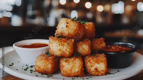 Nuggets de Pollo, Chicken Nuggets arranged on a white porcelain plate, served with a side of spicy dipping sauce