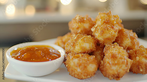 Nuggets de Pollo, Chicken Nuggets arranged on a white porcelain plate, served with a side of spicy dipping sauce