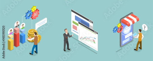 3D Isometric Flat Vector Illustration of AI and Sales, Artificial Intelligence Marketing Strategies