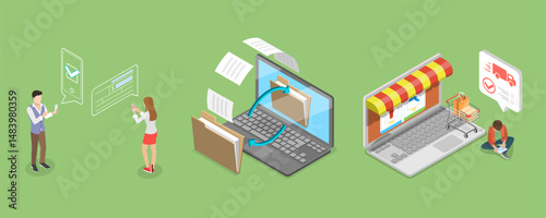 3D Isometric Flat Vector Illustration of Automated Money Transaction, Mobile Banking