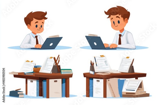 Wallpaper Mural Cartoon illustration of a boy working on a laptop with a desk full of papers and books Torontodigital.ca