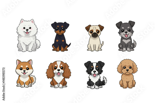 Group of Cute Cartoon Dogs Sitting on White Background