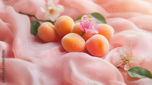 Orejones de Albaricoque, Dried Apricots vibrantly colored, scattered on a cotton cloth, pastel peach background