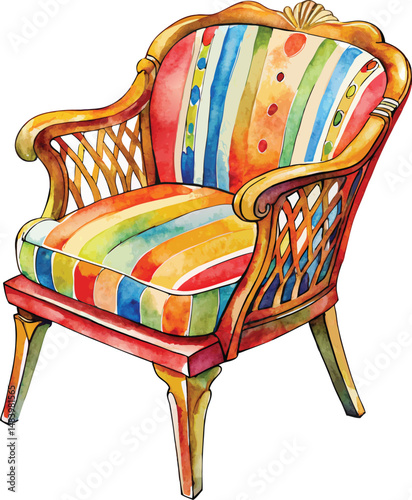 Watercolor Painting of a Colorful Striped Armchair