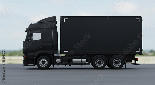 Side view of a black semi truck with a trailer on a road under a bright sky during the daytime