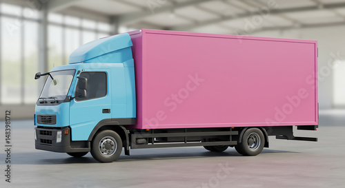 A light blue truck with a pink cargo container parked in a warehouse environment on a gray floor