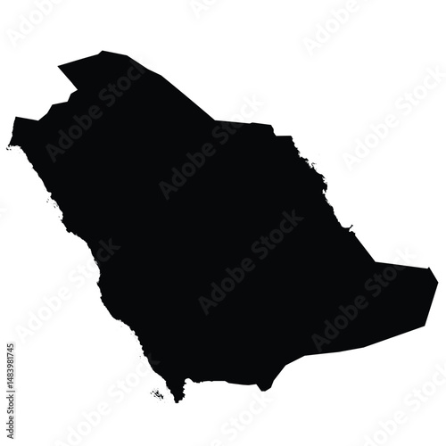 Editable vector black silhouette map of Saudi Arabia, highlighting its national borders in a minimalist, monochrome style.