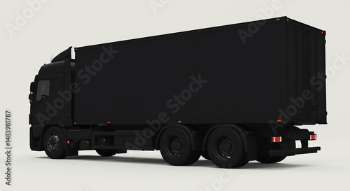 A side view of a large black semi truck with a trailer on a white background in a studio setting