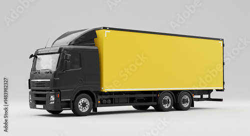 A black semi truck with a bright yellow trailer against a plain light gray studio background view from side