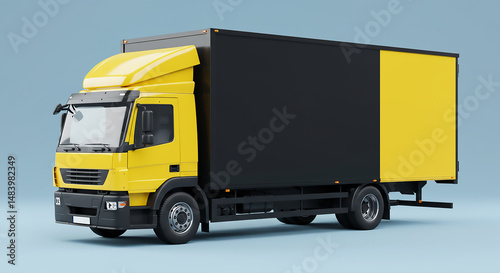 A yellow and black delivery truck on a light blue background in a studio setting with soft lighting