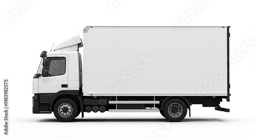A side view of a white delivery truck with a box trailer isolated on a white background in studio shot