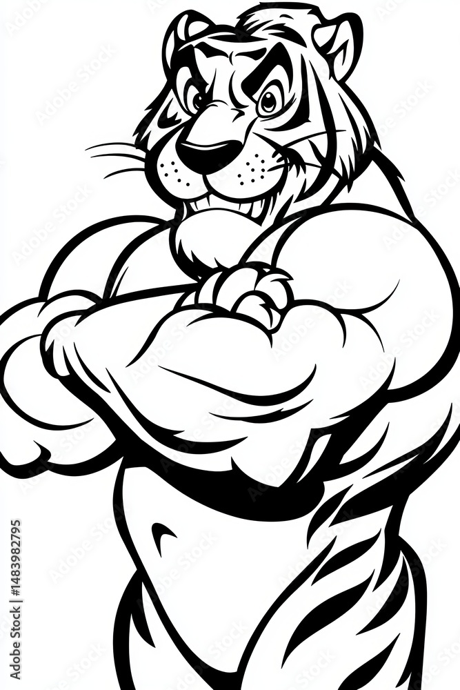 A muscular cartoon tiger showing confidence and strength with its arms crossed in a bold, black-and-white design. A muscular cartoon tiger showing confidence and strength with its arms crossed in a bold, black-and-white design.